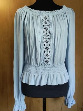 H&M Pale Blue Lace-Panel Peasant Blouse